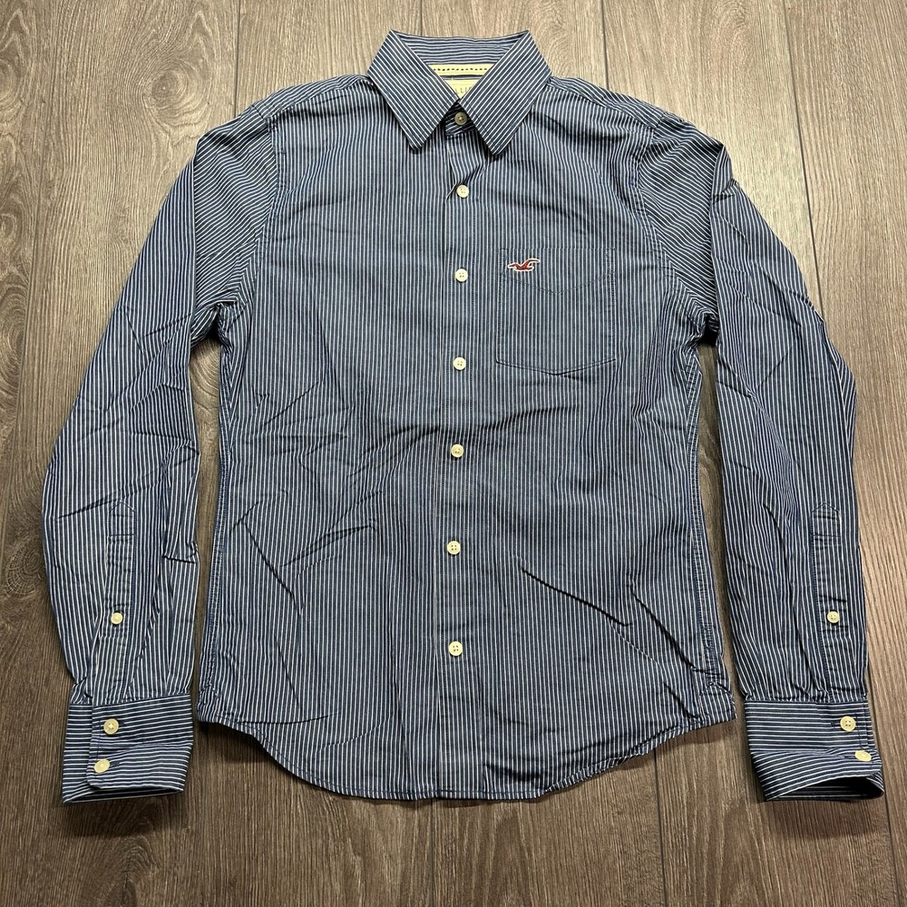Hollister Mens Blue White Striped Long Sleeve Button Down Shirt XS y2k Cotton